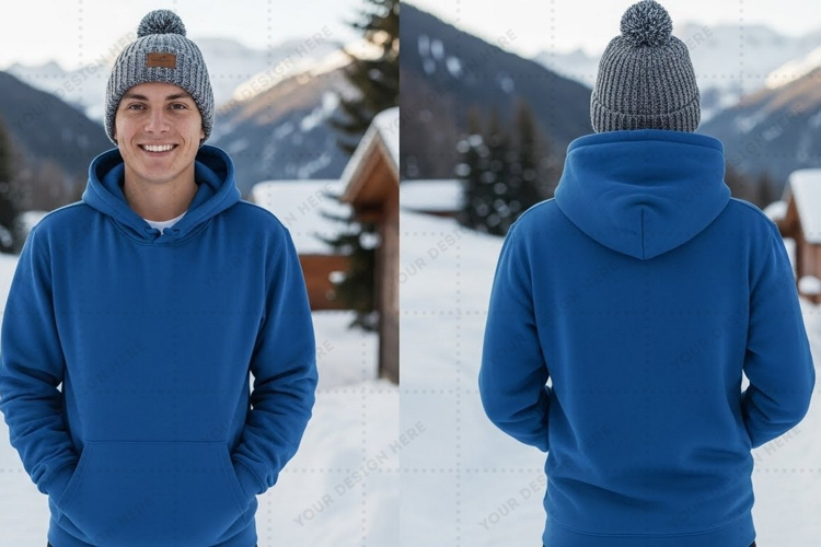 Blue hoodie with snowy mountain t-shirt mockup design