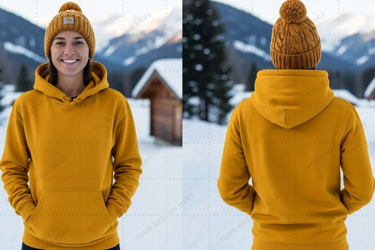 Mustard yellow hoodie with pom pom beanie t-shirt mockup des