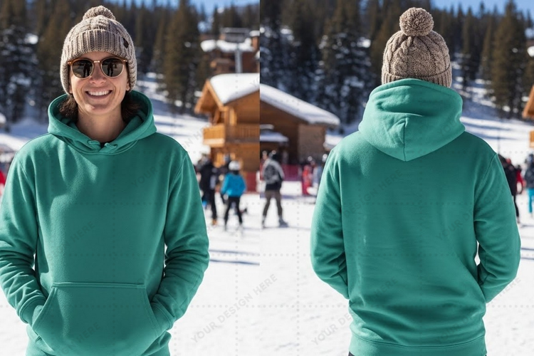 Green hooded sweatshirt in snowy outdoor setting t-shirt moc