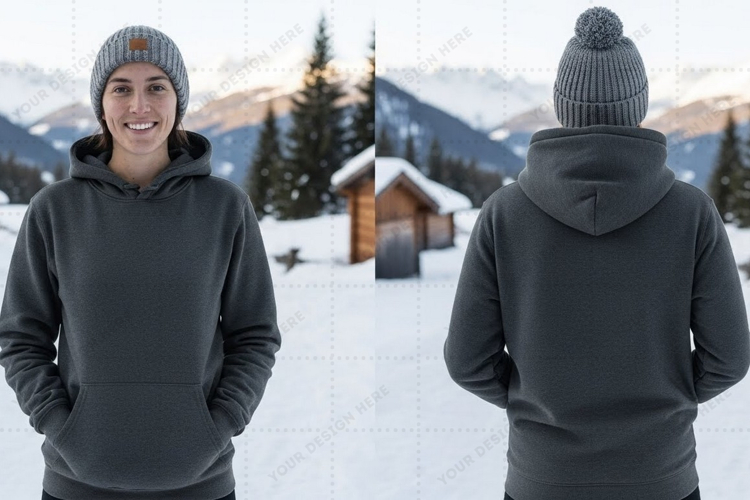 Unisex grey hoodie in snowy mountain setting t-shirt mockup