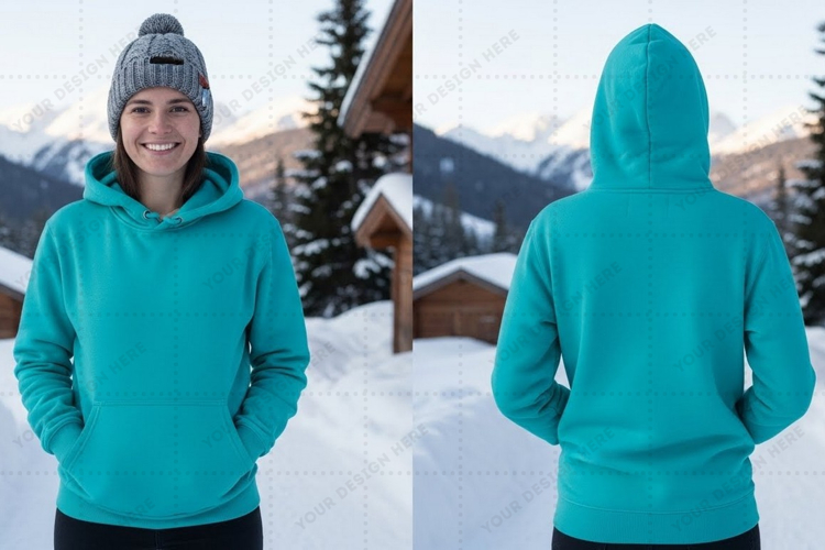 Teal hoodie in winter landscape t-shirt mockup design