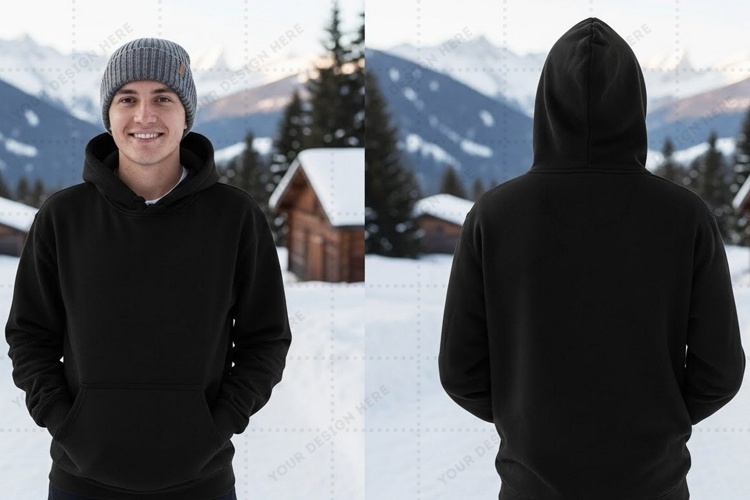 Black hoodie in snowy mountain landscape t-shirt mockup desi