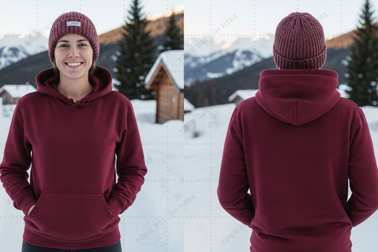 Womens burgundy hoodie with pockets t-shirt mockup design