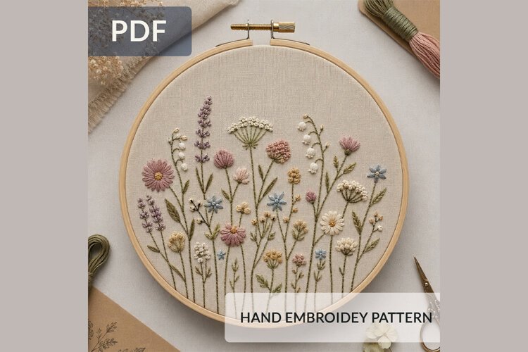 Wildflower Hand Embroidery Pattern 2 PDF, Floral Meadow Hoop example image 1