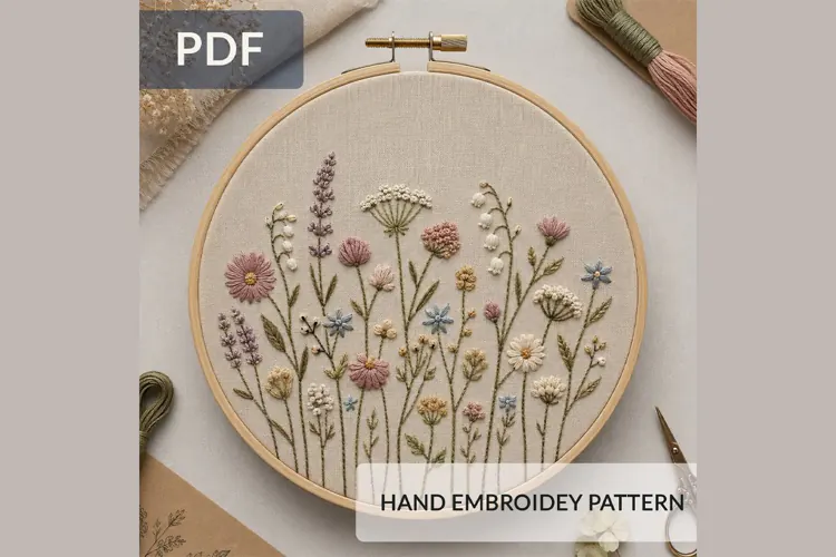 Wildflower Hand Embroidery Pattern 2 PDF, Floral Meadow Hoop