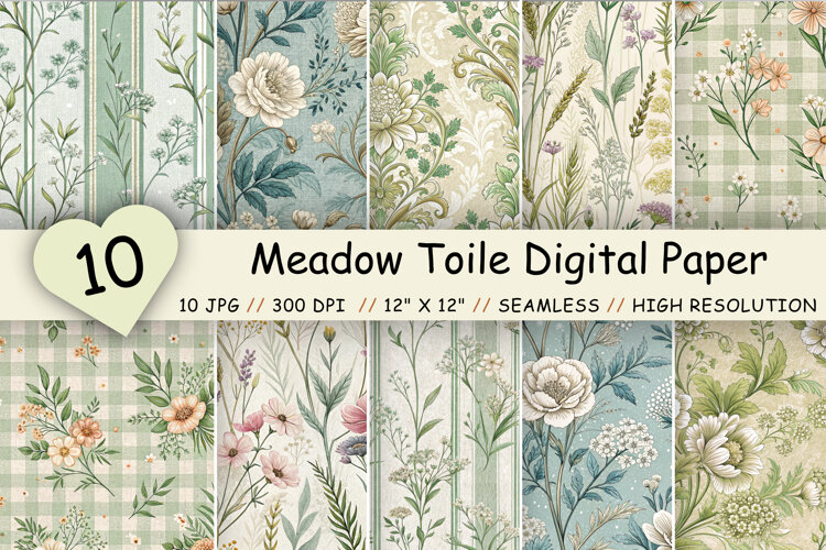 Meadow Toile Digital Paper Pack, Vintage Floral Toile