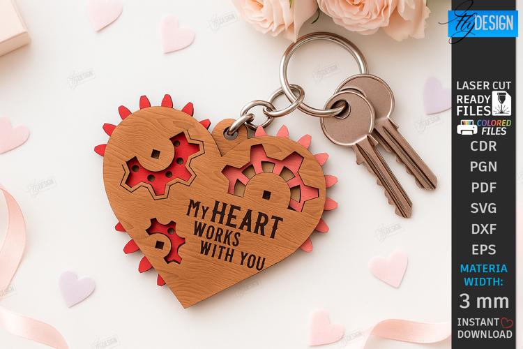 Mechanical Heart Keychain Laser Cut | Moving Gear Heart SVG