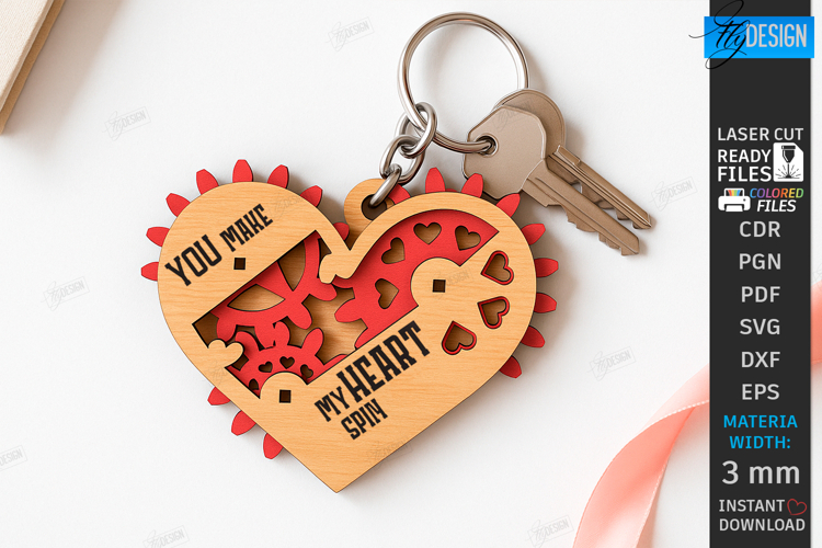 Mechanical Heart Keychain Laser Cut | Moving Gear Heart SVG