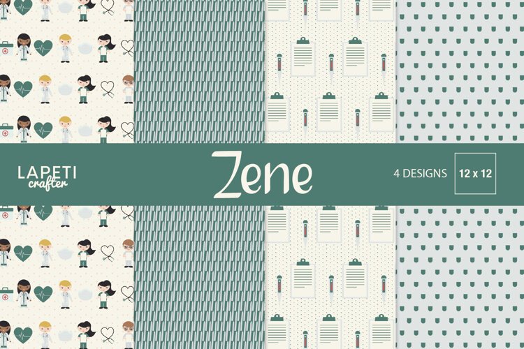 Four medical digital papers with doctors, healthcare supplies, clipboards and geometric patterns