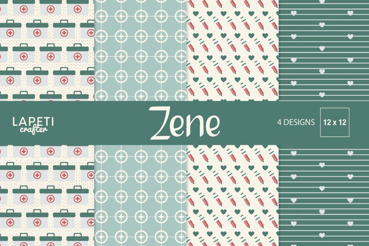Four medical digital papers with first aid kits, syringes, hearts and healthcare symbols