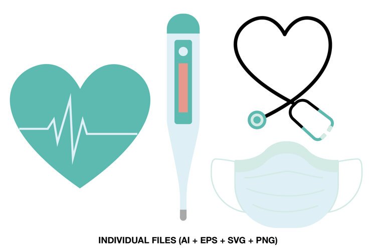 Four medical clipart illustrations with heart thermometer stethoscope and mask