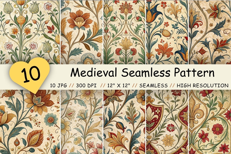 Medieval Seamless Digital Paper Pack, Vintage Heraldic