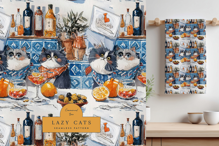 Mediterranean Cats Seamless Pattern Lemons, Olives & Kitchen