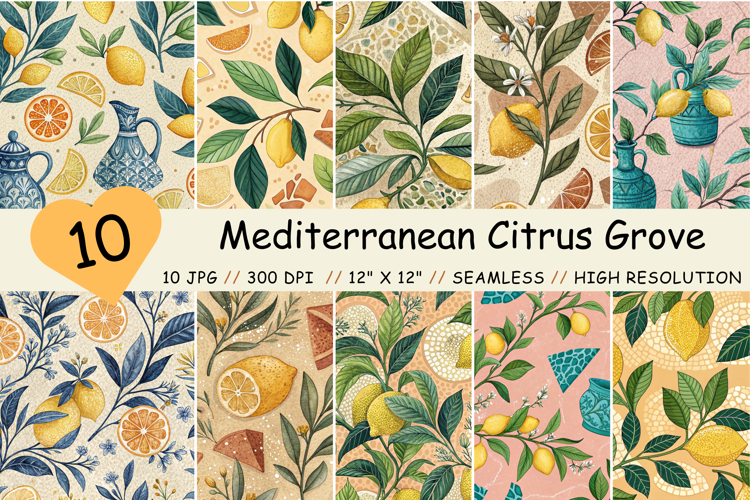 Mediterranean Citrus Grove Seamless Pattern, Digital Paper