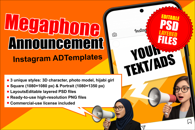 Megaphone Announcement Templates 3D, Photo, Hijabi Girl