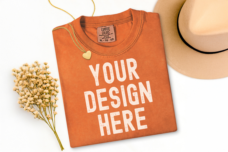 Comfort Colors C1717 Melon Shirt Mockup, Flat Lay Mockup