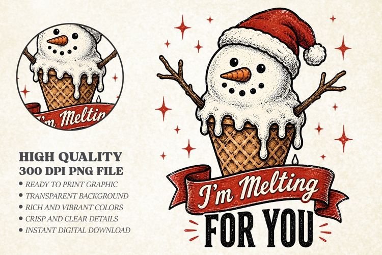 Melting Snowman Ice Cream PNG, Retro Christmas Design