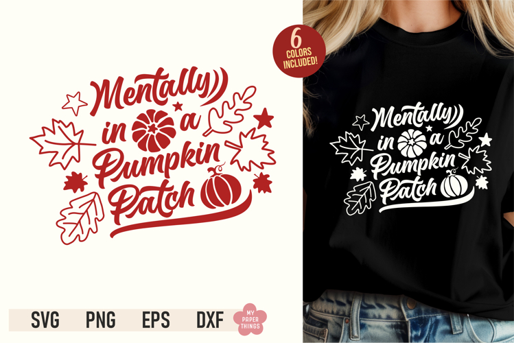 Mentally in a Pumpkin Patch SVG PNG design with retro script typography and cute pumpkins displayed on a black t-shirt mockup
