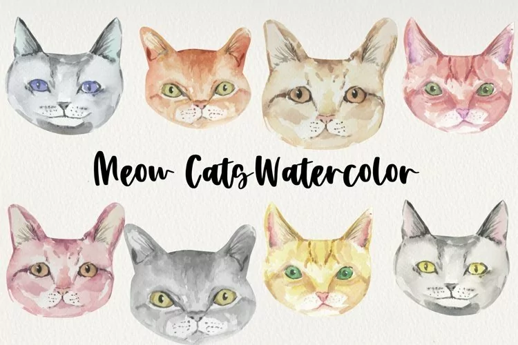 Meow Cats Watercolors Elements Pets Kitten Faces