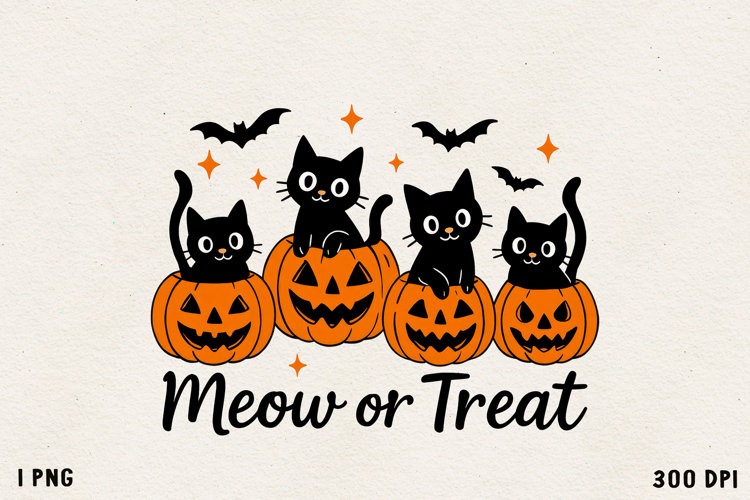 Meow or Treat Black Cats in Pumpkins Halloween PNG Clipart