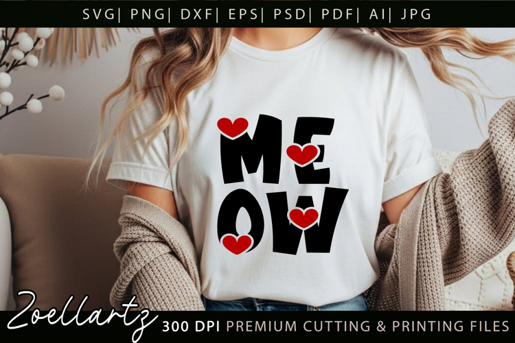 Cat Meow SVG Cut Files Love Heart Paw Prints SVG Cat Mom SVG