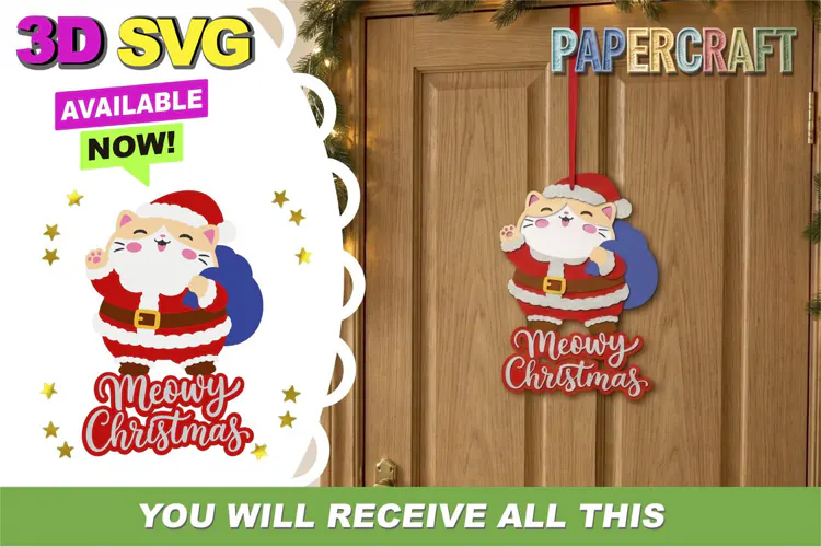 Meowy Christmas Door Hanger 3D SVG