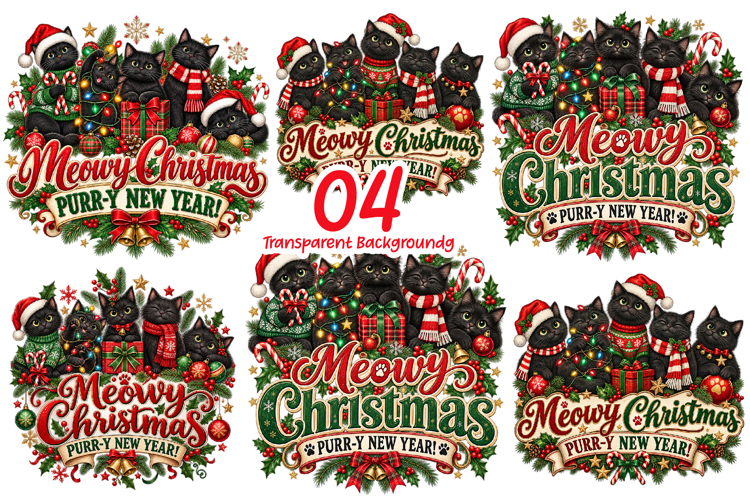 Meowy Christmas Black Cat PNG