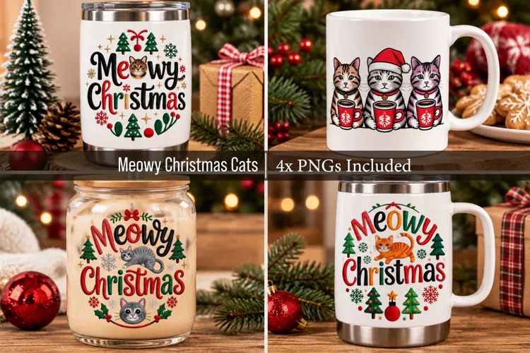 4x Meowy Christmas Designs for Cat Lovers - PNG