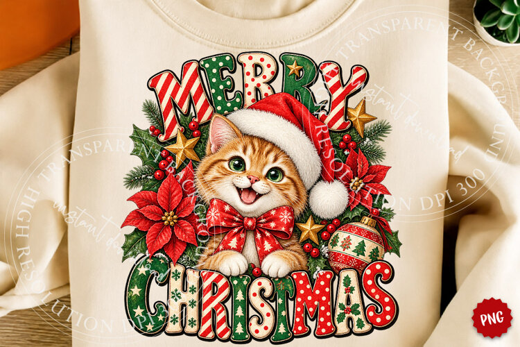 Meowy Christmas PNG, Festive Cat Holiday Design, Sublimation example image 1