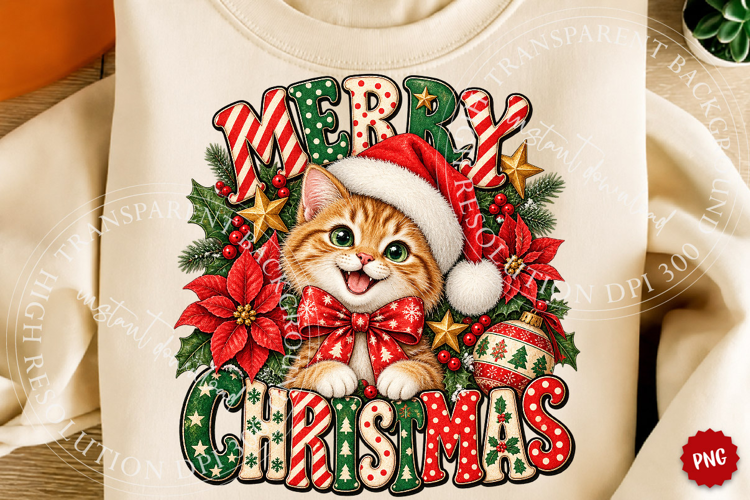 Meowy Christmas PNG, Festive Cat Holiday Design, Sublimation