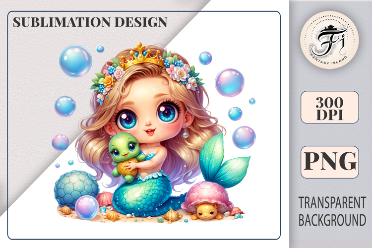 Cute Mermaid Princess with Baby Turtle Sublimation Clipart