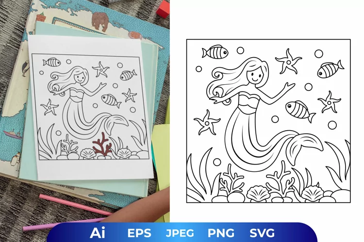 Mermaid with Fish in The Ocean Coloring Page