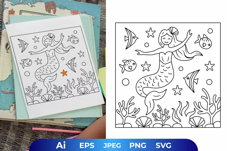 Dancing Mermaid with Fish in The Ocean Coloring Page