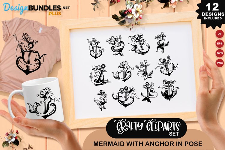 Mermaid Clipart Set With Anchor In Pose example image 1