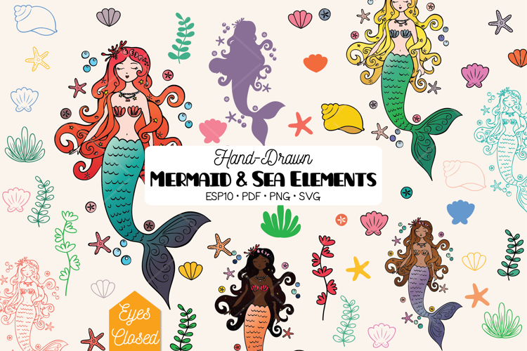 Colored Mermaid Eyes Closed | Sea Shell, Aquatic Plants