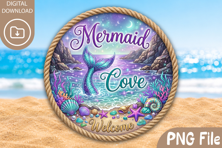 Mermaid Cove Welcome PNG - Round Summer Coaster Design
