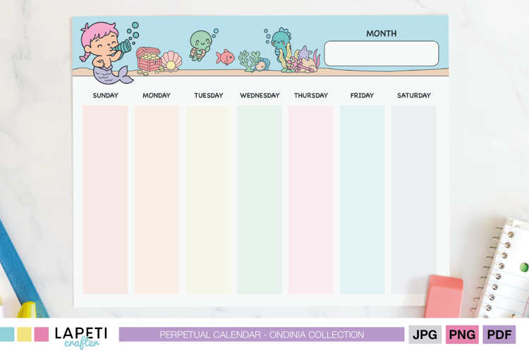 Mermaid Kids Weekly Planner, Perpetual Calendar Printable