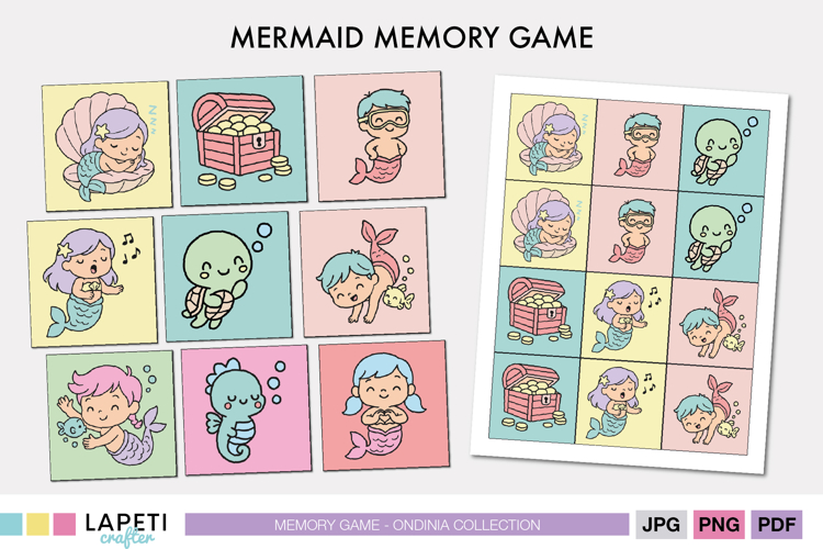 Printable Mermaid Memory Game for Kids, 36 Matching Cards