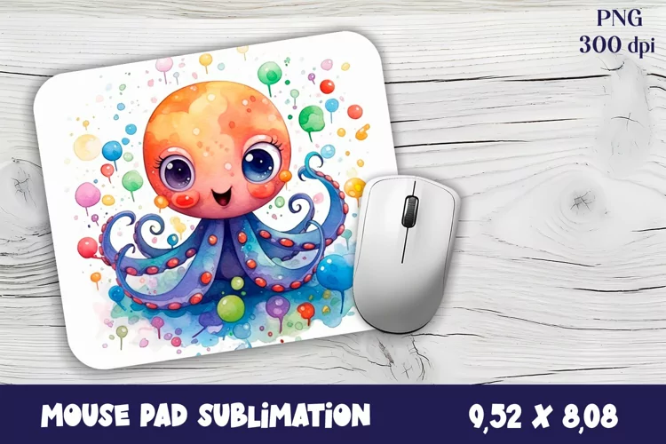 Watercolor Octopus Mouse Pad Design, Sea Sublimation Designs