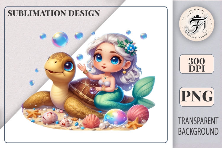 Little Mermaid Riding Sea Turtle Cute Ocean Clipart PNG