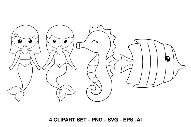 Cute mermaid seahorse and tropical fish line art illustrations