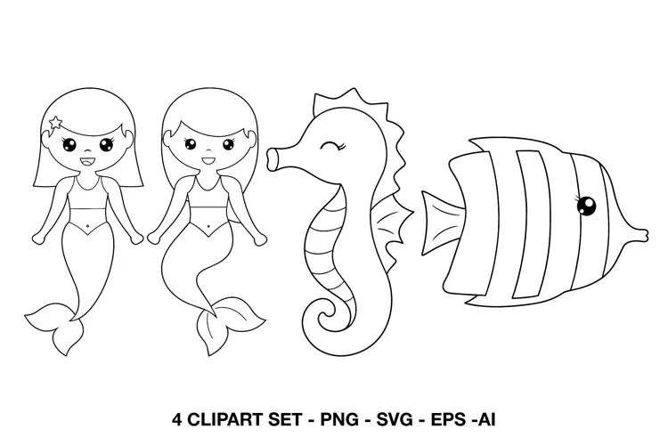 Mermaid Seahorse Fish Line Art