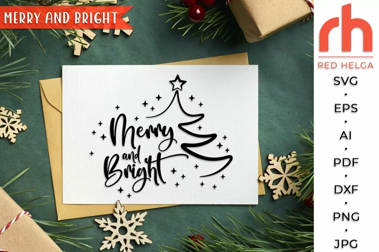 Merry and Bright SVG, Xmas Tree Cut File, Christmas Card DXF