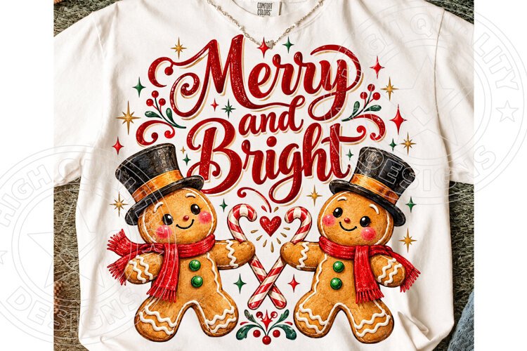 Merry and Bright Christmas Cute Gingerbread Couple PNG example image 1