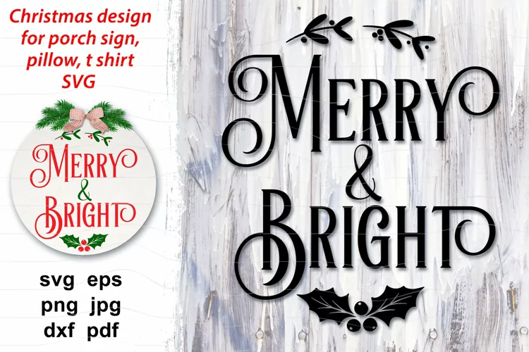 Christmas sign svg round farmhouse Merry and Bright, pillow