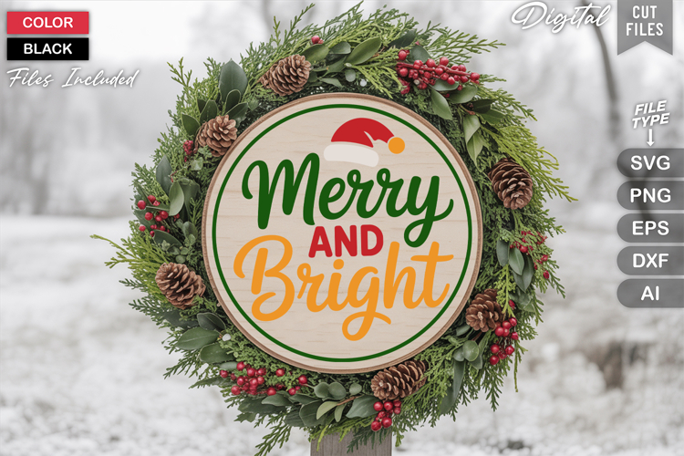 Merry And Bright SVG | Christmas Round Sign SVG | Xmas SVG