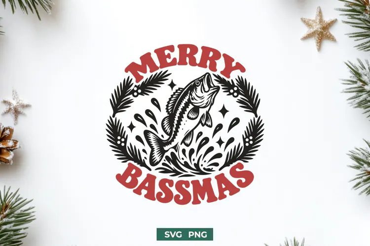 Merry Bassmas SVG, Christmas Fishing PNG, Bass Fishing Print