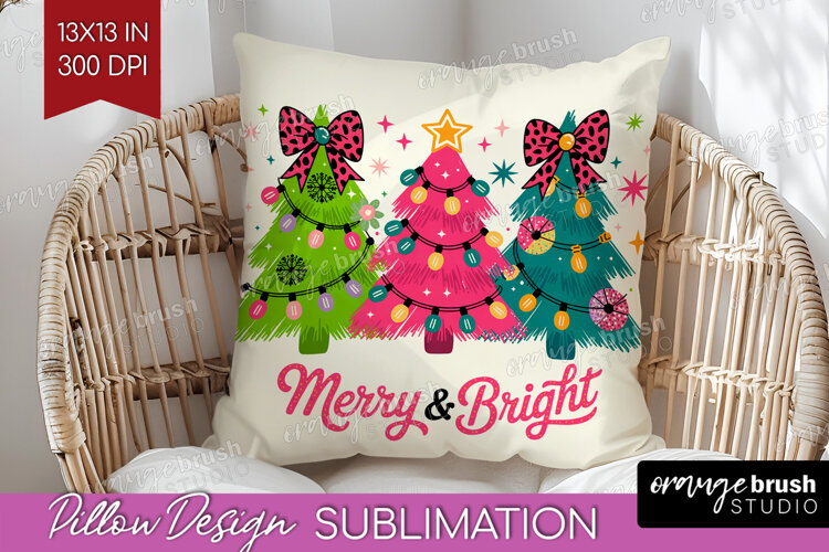 Merry & Bright Xmas Pillow Sublimation Christmas Pillow PNG example image 1
