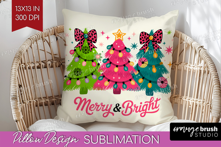 Merry & Bright Xmas Pillow Sublimation Christmas Pillow PNG