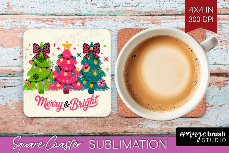 Merry & Bright Xmas Square Coaster Christmas Coaster PNG